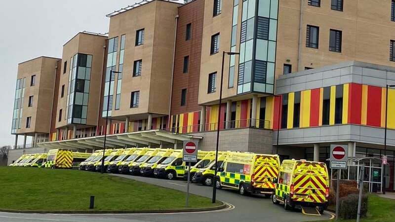A queue of ambulances line up outside Royal Stoke University Hospital on New Year