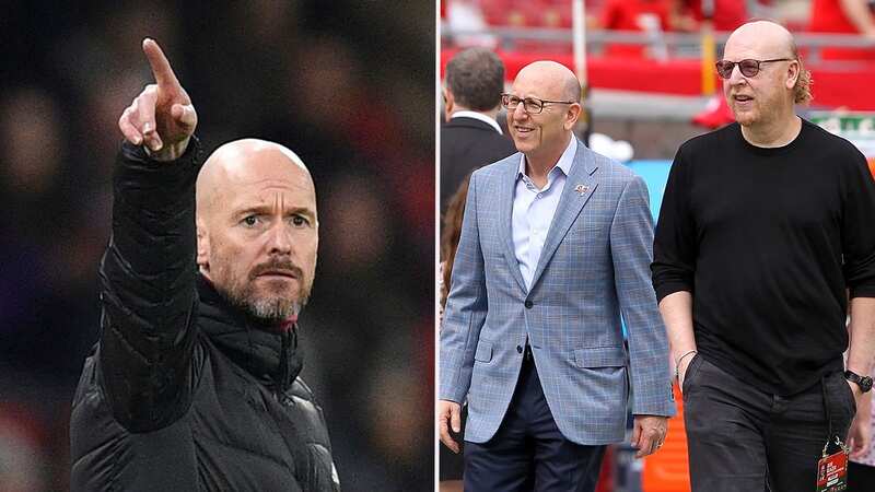 Erik Ten Hag, left, wants another striker in this window but is aware of the financial limitations while the Glazers consider selling Man United. (Image: Getty Images)