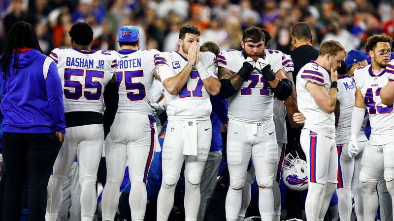 Buffalo Bills players were left in tears after Damar Hamlin suffered a cardiac arrest (Image: Photo by Kevin Sabitus/Getty Images)