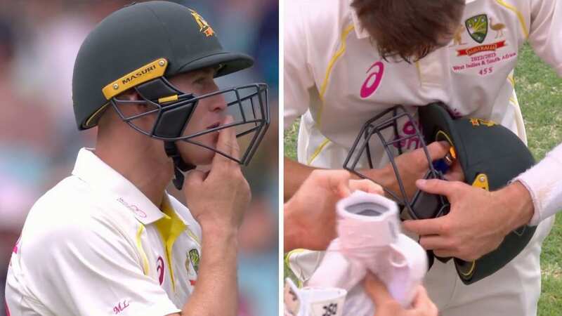 Australia star Marnus Labuschagne asked for a cigarette lighter to be brought to him while he was batting (Image: Twitter/@cricketcomau)