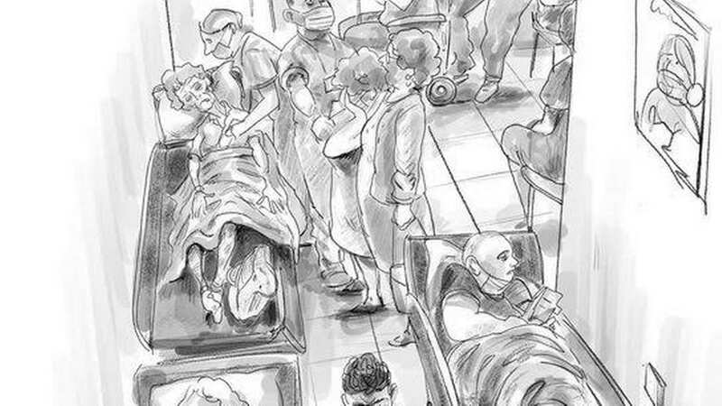Michael Bryson sketched the scene he found in a packed A&E