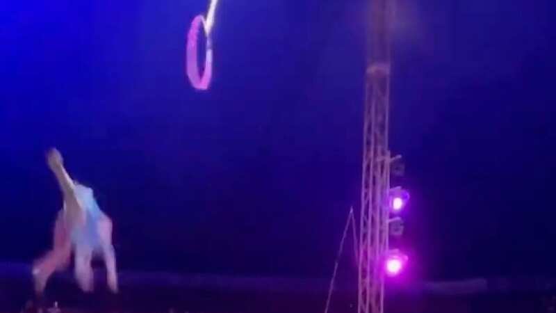 Circus audience gasps as acrobat falls from her hoop and plummets 16ft to ground