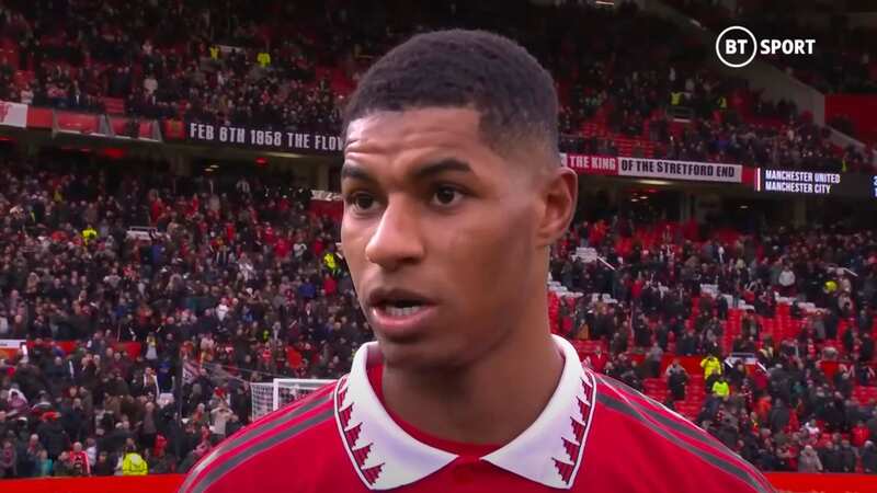 Marcus Rashford celebrates after scoring for Manchester United in the derby (Image: Getty Images)