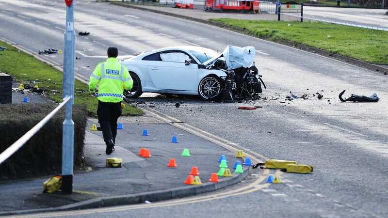 An Audi is seen smashed to pieces at the scene after the horror (Image: Ben Lack Photography Ltd)