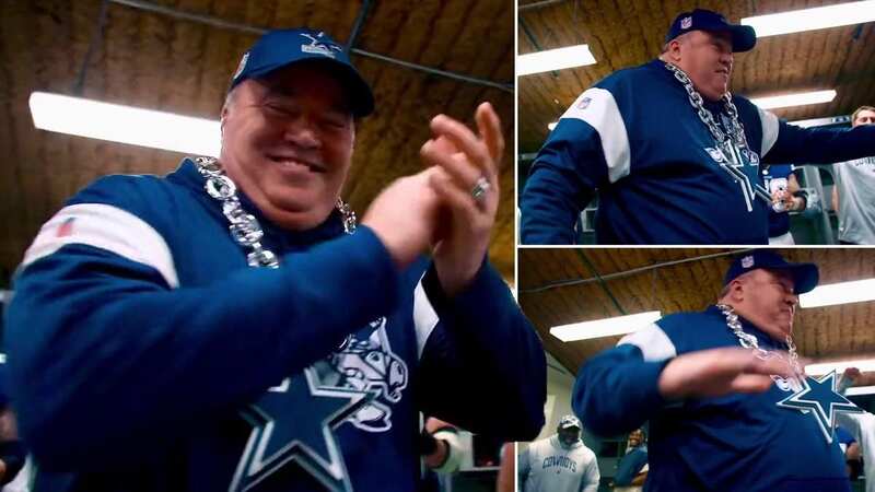 Mike McCarthy wore a giant Cowboys logo around his neck during the locker room party (Image: @dallascowboys/Twitter)