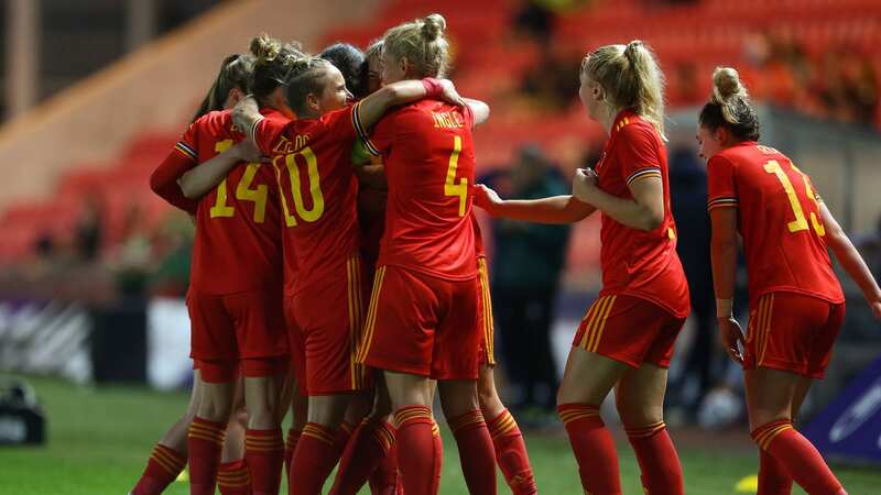 17.09.21 - Wales Women v Kazakhstan Women, FIFA Womens World Cup 2023 Qualifying Round - Gemma Evans of Wales celebrates with team mates after scoring the fifth goal
