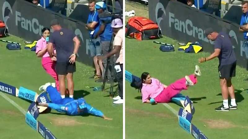 Presenter Zainab Abbas was wiped out by a diving fielder during the SA20 (Image: Twitter/@SuperSportTV)