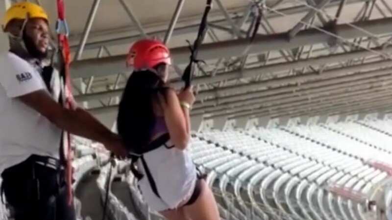 Malu Oliveira, 13, plunges 20 feet from a stadium zip wire in shocking new footage (Image: Malu Oliveira/CEN)