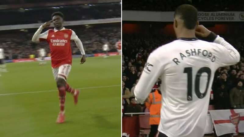Bukayo Saka celebrated his wonder strike against Manchester United by copying Marcus Rashford (Image: Glyn Kirk/AFP)