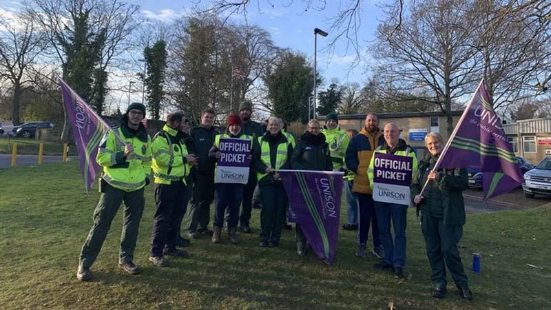Ambulance workers who are members of Unison at a picket line at Rotherham hospital