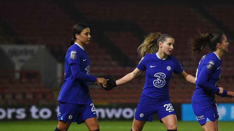 Sam Kerr (left) after putting Chelsea 1-0 up at Spurs in the all-London quarter-final (Image: 2023 Chelsea FC)