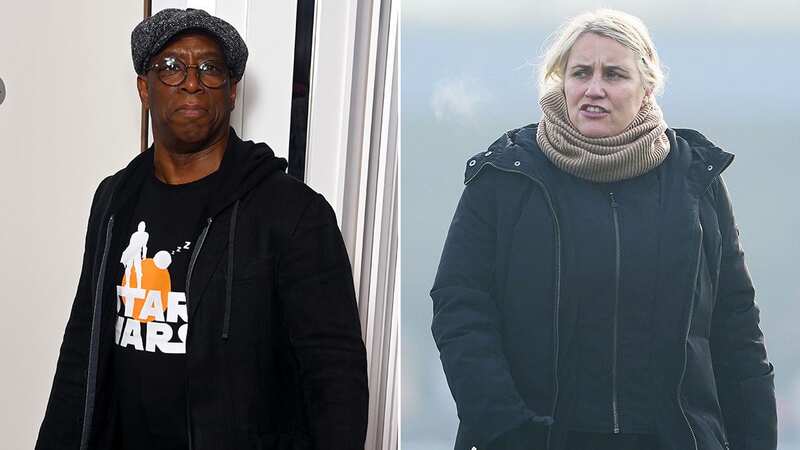 Ian Wright and Emma Hayes being given one of football