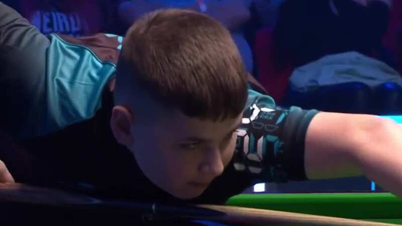 Riley Powell, aged 14, won his Snooker Shoot Out first round match against No.8 Kyren Wilson (Image: @eurosport/Twitter)