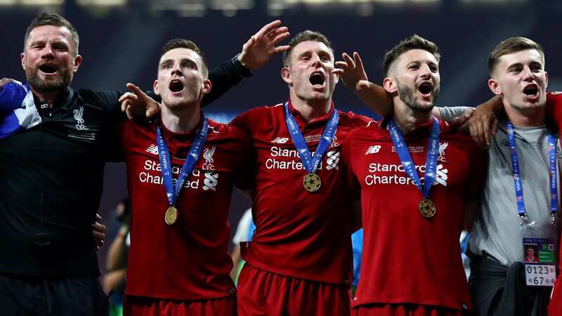 Ben Woodburn (right) celebrates with Andy Robertson, James Milner and Adam Lallana after the 2019 Champions League final (Image: Getty Images)