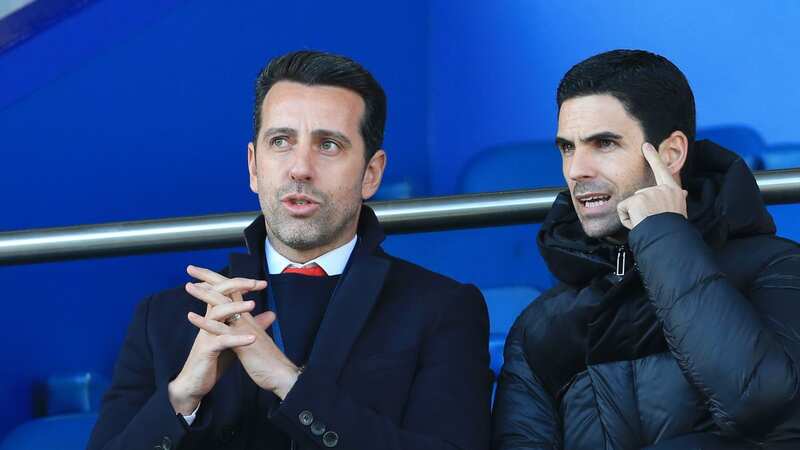 Mikel Arteta sat with Edu to watch Arsenal play Everton at Goodison Park (Image: Simon Stacpoole/Offside via Getty Images)