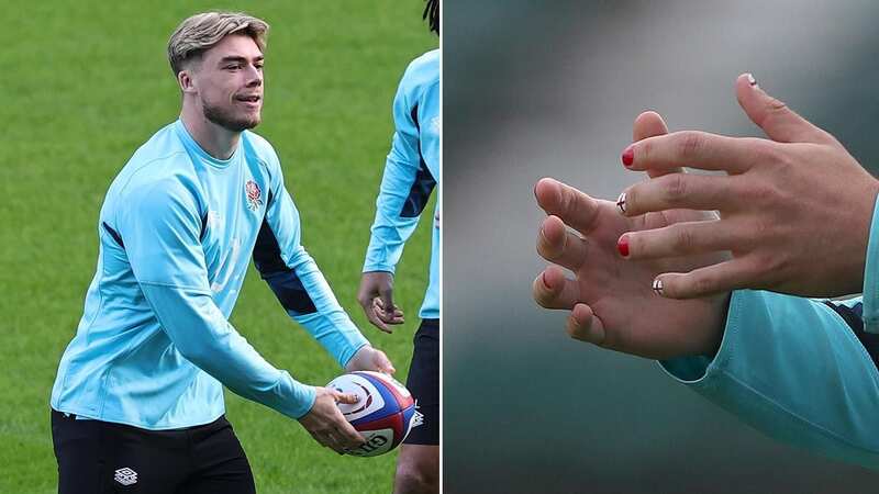 Ollie Hassell-Collins sporting his painted nails in England training this week (Image: Matt Impey/REX/Shutterstock)
