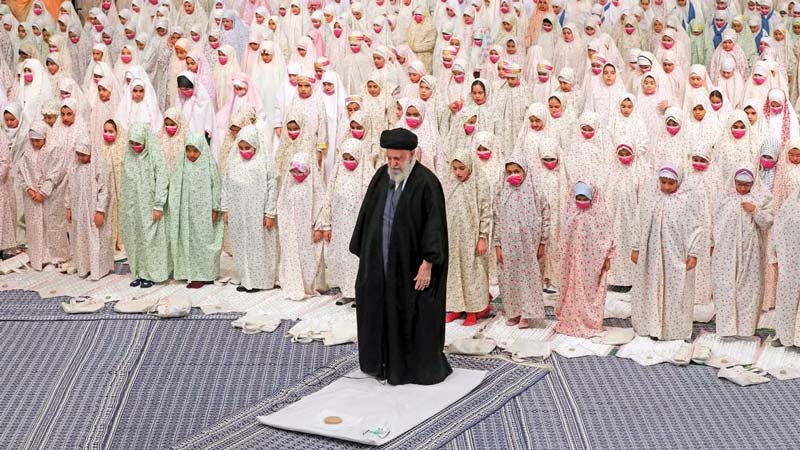 Supreme Leader Ayatollah Ali Khamenei leads a prayer ceremony for Iranian girls in Tehran on Friday (Image: KHAMENEI.IR/AFP via Getty Images)