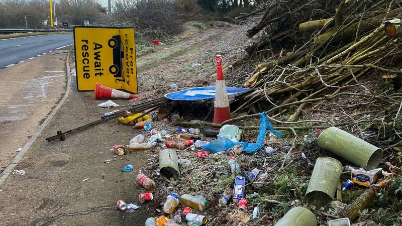 This disgusting river of rubbish at a roundabout on the M25/A41 near Watford is just one of many thousands of miles of litter-strewn roads across Britain (Image: CleanUpBritain.org / SWNS)