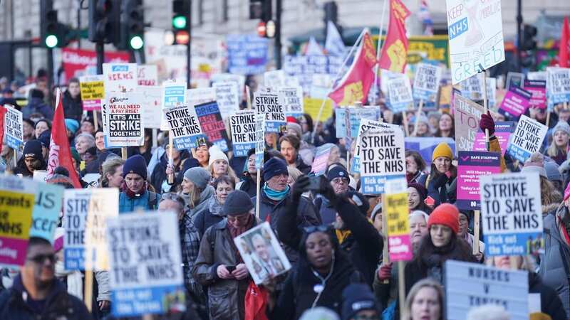 Protesters march through Trafalgar Square during the nurses strike on January 18 (Image: PA)