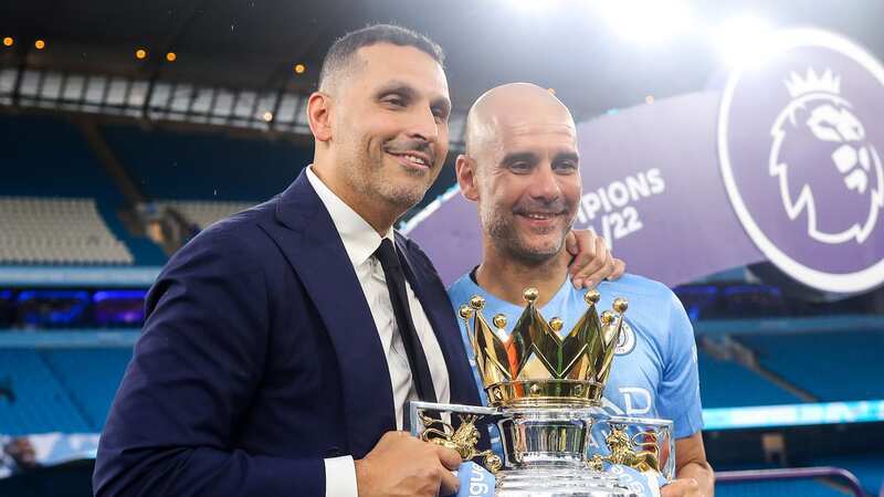 Man City chairman Khaldoon Al Mubarak with Pep Guardiola. (Image: Getty Images)
