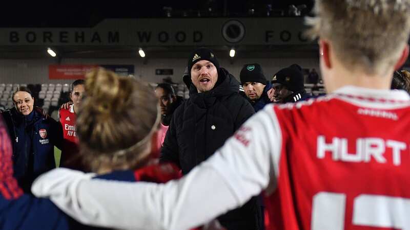 Eidevall speaks to his team after beating Man City in the League Cup semi-final (Image: Getty Images)