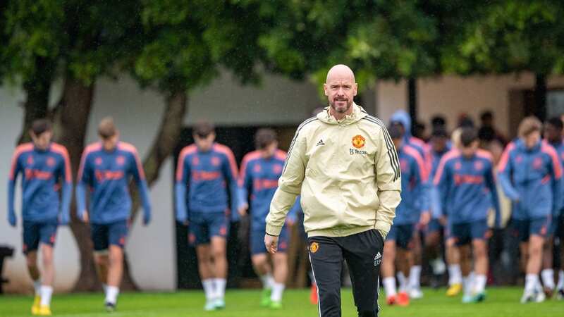 Noam Emeran (centre) and Bjorn Hardley (far right), alongside Kobbie Mainoo, Alejandro Garnacho and Anthony Elanga in Man Utd training (Image: Matthew Peters/Manchester United via Getty Images)