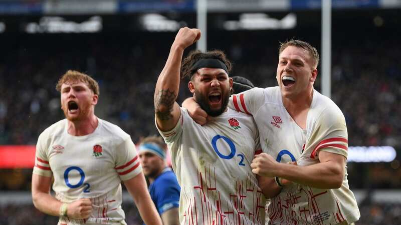 England players celebrate one of their five tries during a 31-14 victory against Italy (Image: PA)