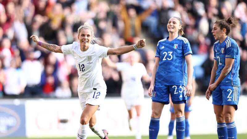 Rachel Daly celebrates after heading England in front against Italy (Image: Getty Images)