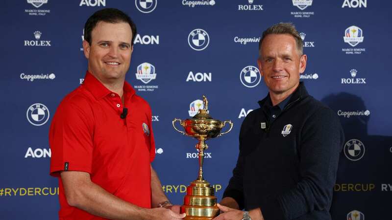 Captains Zach Johnson and Luke Donald pose with the Ryder Cup (Image: Getty Images)