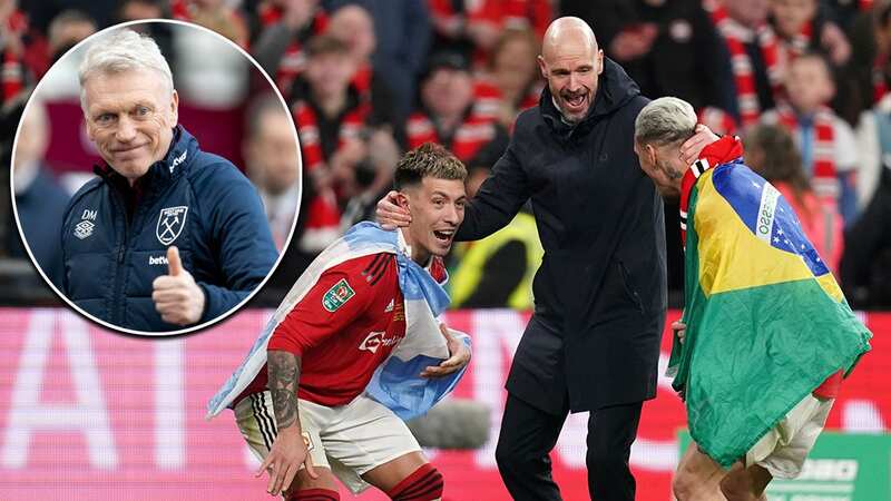 Erik ten Hag joined in with a dance alongside Antony and Lisandro Martinez (Image: Getty Images)