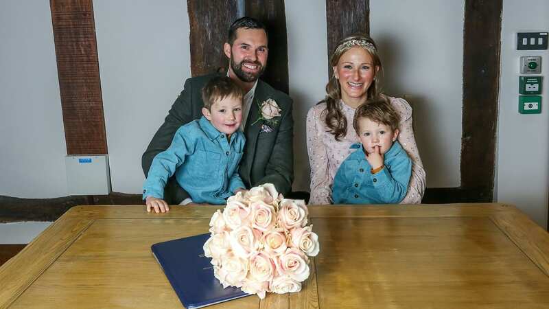 Katie Pritchard ties the knot with childhood sweetheart Tom Cronin with their children Percy and Cass who acted as ring bearers (Image: Joseph Walshe / SWNS)