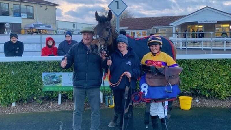 Olive Nicholls (right) celebrates her first winner with dad Paul (Image: Twitter@https://twitter.com/PFNicholls)