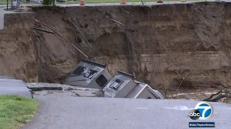 Three motorhomes fell into the river after storms in California (Image: abc7)