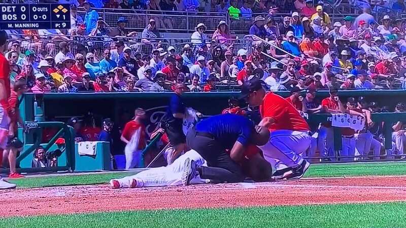 Justin Turner was left in a heap after being struck by a baseball (Image: @TomCaron/Twitter)