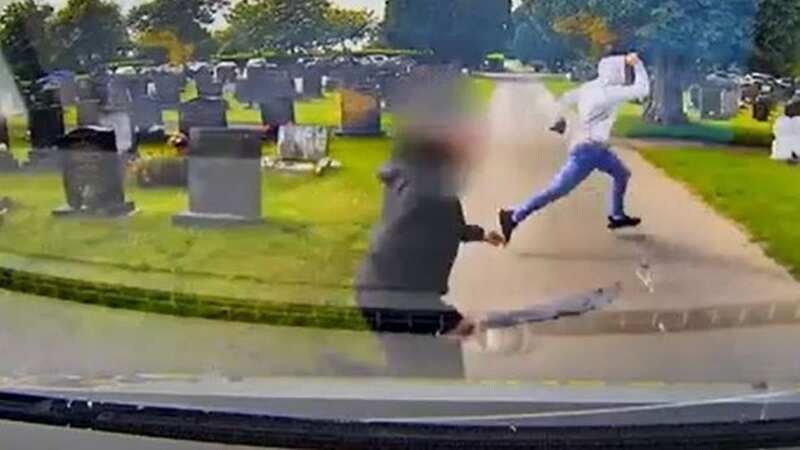 Wild men fight with hammers in cemetery, intrude on ceremony, and spit on floor