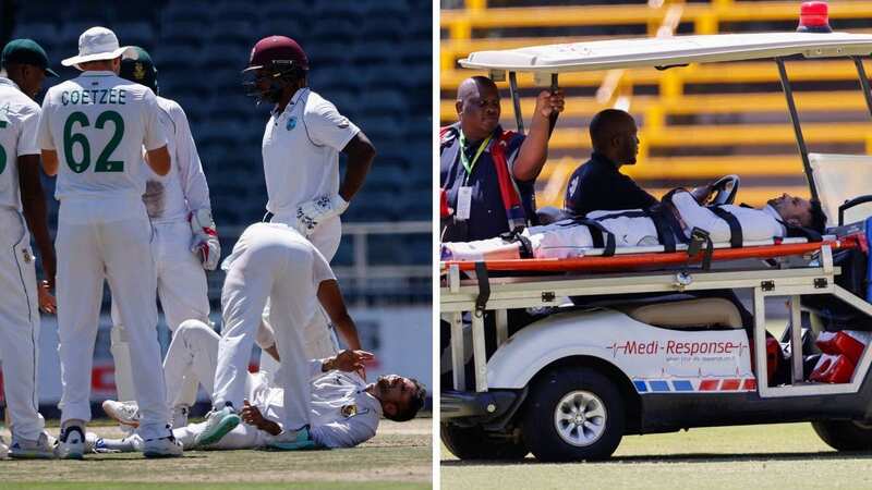 Keshav Maharaj was stretchered off after rupturing his Achilles (Image: PHILL MAGAKOE/AFP via Getty Images)
