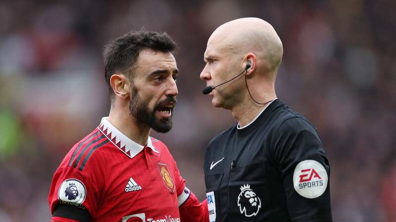 Bruno Fernandes frequently confronted Anthony Taylor during the game (Image: Catherine Ivill/Getty Images)