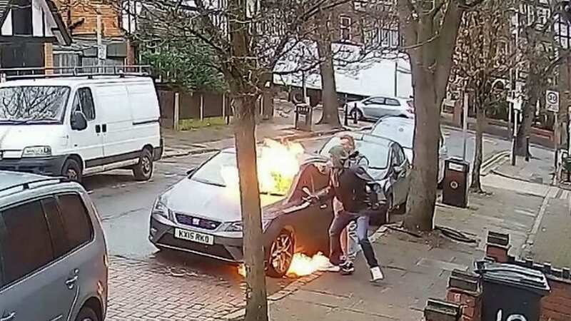 Thug pours petrol over car, sets it on fire then punches man trying to stop him