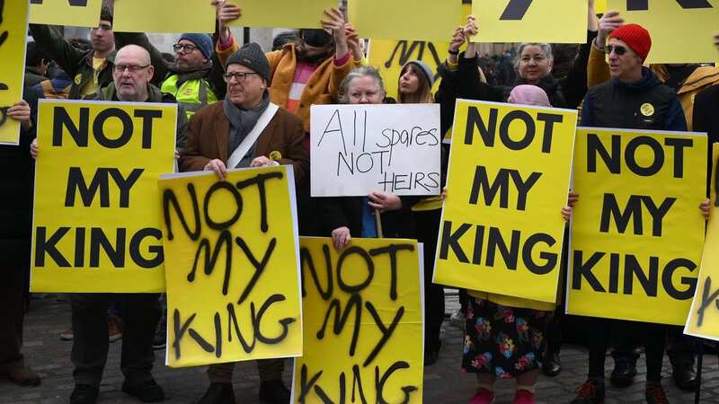 Anti-monarchy protestors gathered outside Westminster Abbey on Monday afternoon (Image: AFP via Getty Images)