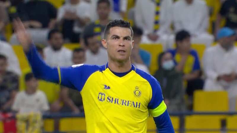 Cristiano Ronaldo was furious as he was booked on the stroke of half-time (Image: Twitter/@SkyFootball)