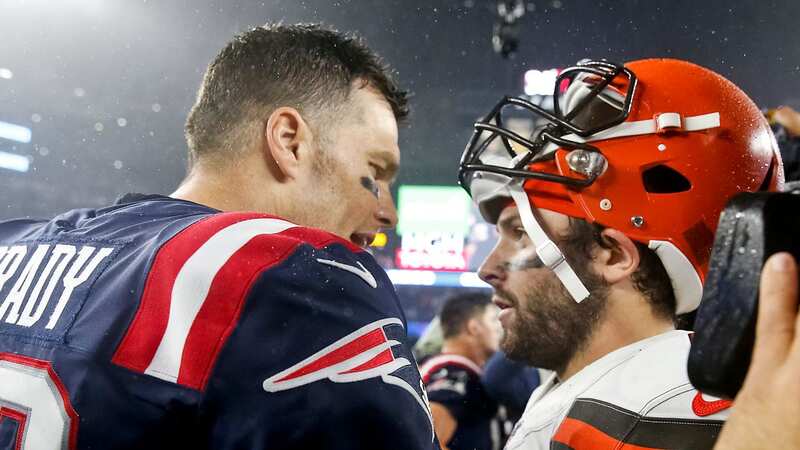 Baker Mayfield (right) has been brought in by the Buccaneers to replace newly-retired Tom Brady (left) (Image: Getty)