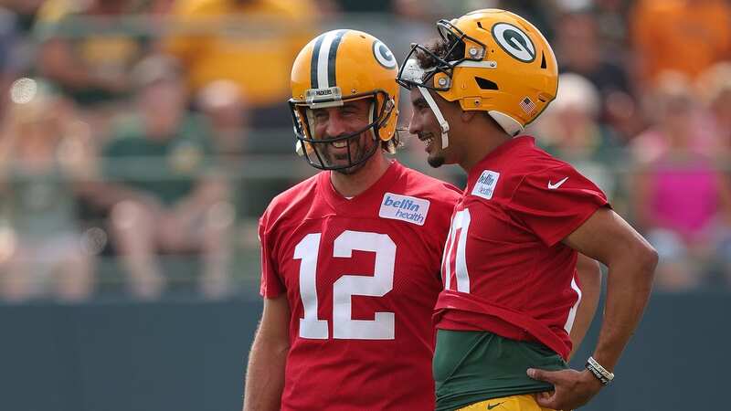 Jordan Love and Aaron Rodgers during Green Bay Packers training camp in 2021. (Image: Stacy Revere/Getty Images)