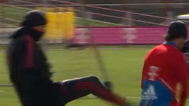 Thomas Tuchel jokingly kicked Leroy Sane up the backside as he took his first Bayern Munich training session (Image: YouTube/Bayern Munich)