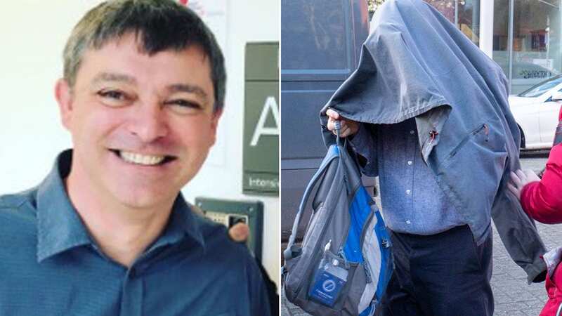 Timothy Schofield hides his face under a coat as he arrives at court