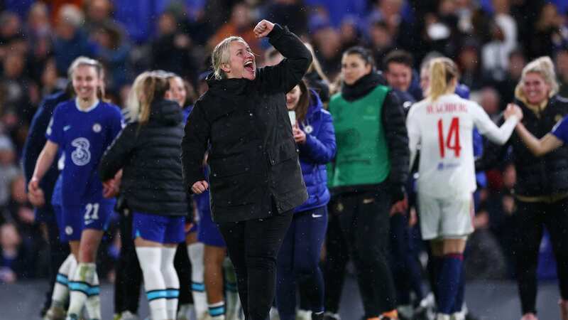 LONDON, ENGLAND - MARCH 30: Emma Hayes, Manager of Chelsea, celebrates victory following the UEFA Women