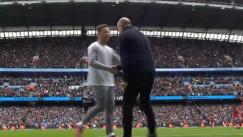 Arthur Melo was seen shaking hands and laughing with Pep Guardiola as he celebrated Manchester City