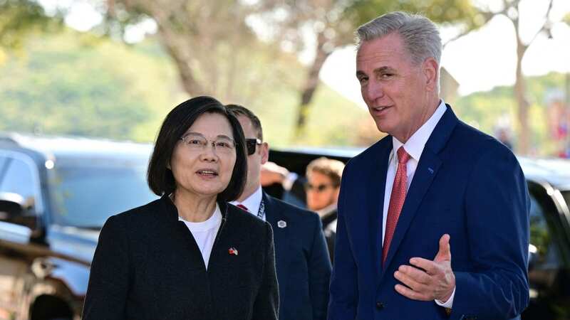 US Speaker of the House Kevin McCarthy welcomes Taiwan President Tsai Ing-wen at the Ronald Reagan Presidential Library in Simi Valley, California, today (Image: AFP via Getty Images)
