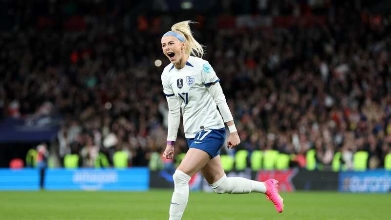 Chloe Kelly of England celebrates after scoring the sides winning penalty in the penalty shoot out during the Women´s Finalissima 2023 match (Photo by Catherine Ivill - UEFA/UEFA via Getty Images)