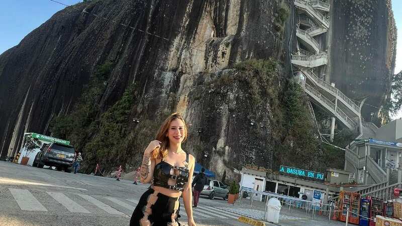 Katty Blake in front of the Rock of Guatape, Colombia (Image: CEN)