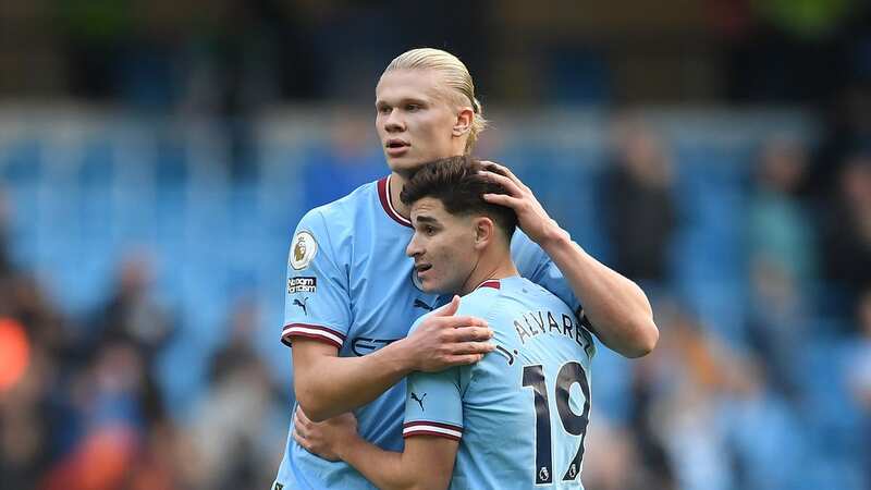 Erling Haaland embraces Julian Alvarez of Manchester City (Image: Manchester City FC/Manchester City FC via Getty Images)